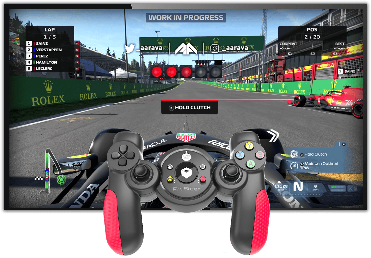 A video game is being played on a television with a steering wheel in the foreground.