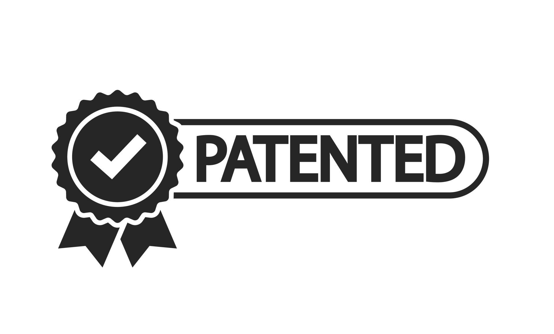 A black and white logo that says patented with a check mark on it.