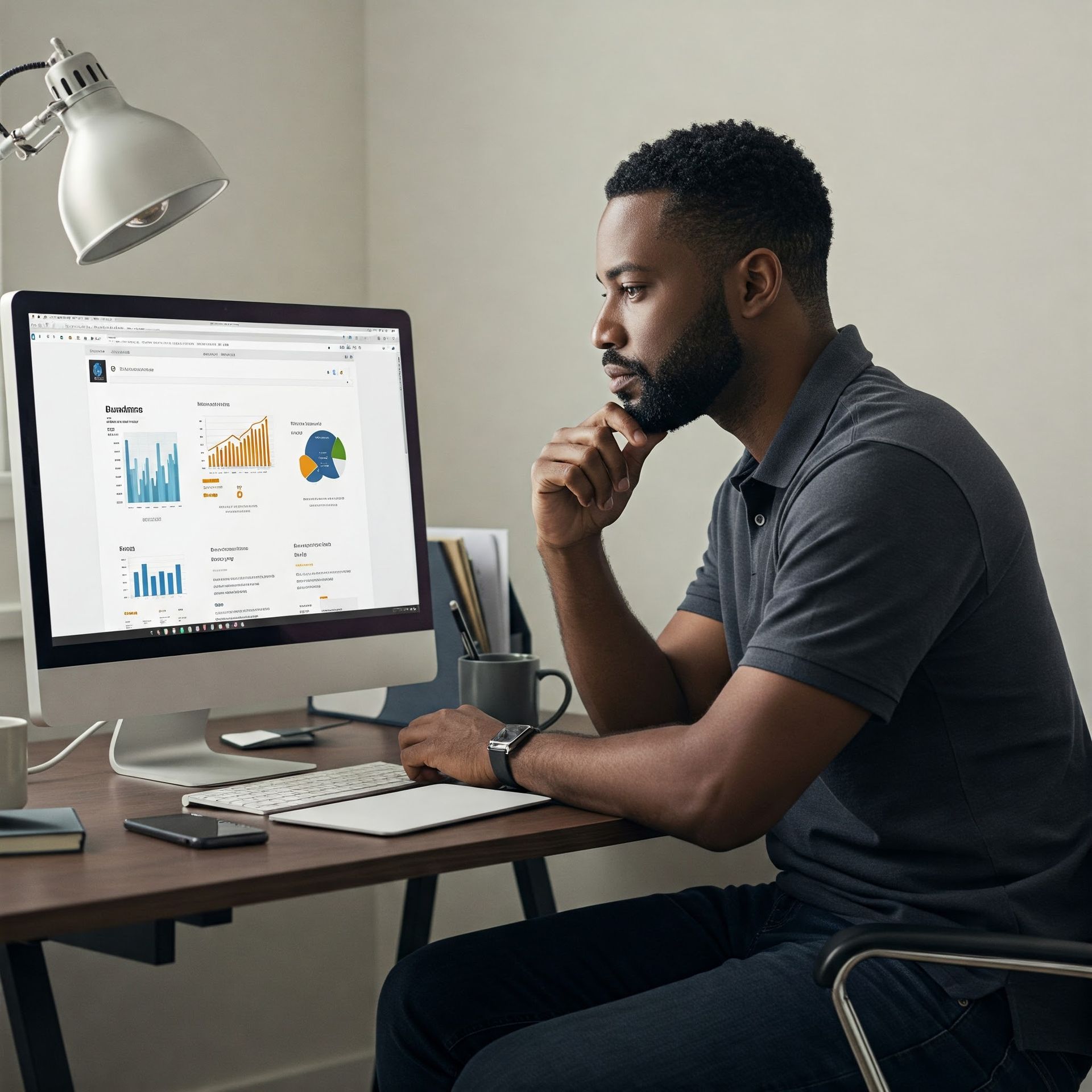 A man is sitting at a desk looking at a computer screen