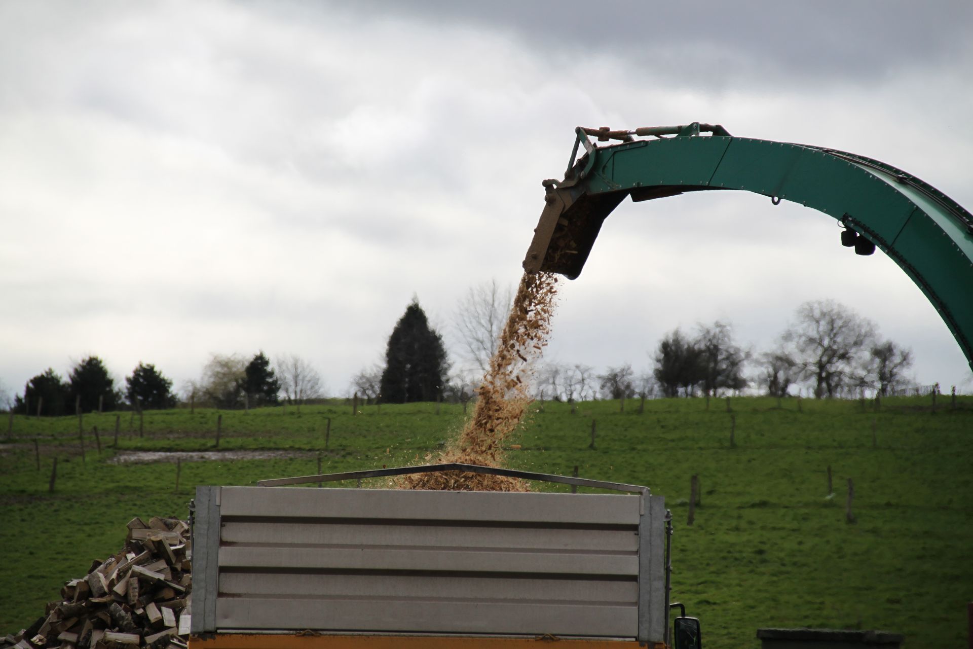 Green excavator unloading soil into a trailer in a grassy field under a cloudy sky