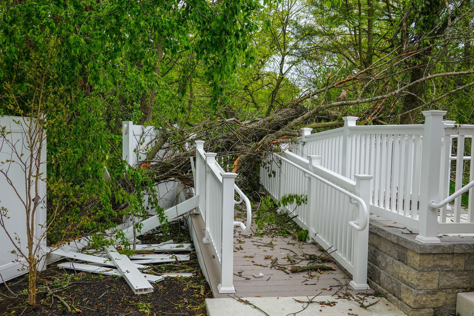 Collapsed white fence and gate on a walkway, with fallen tree branches blocking the path.