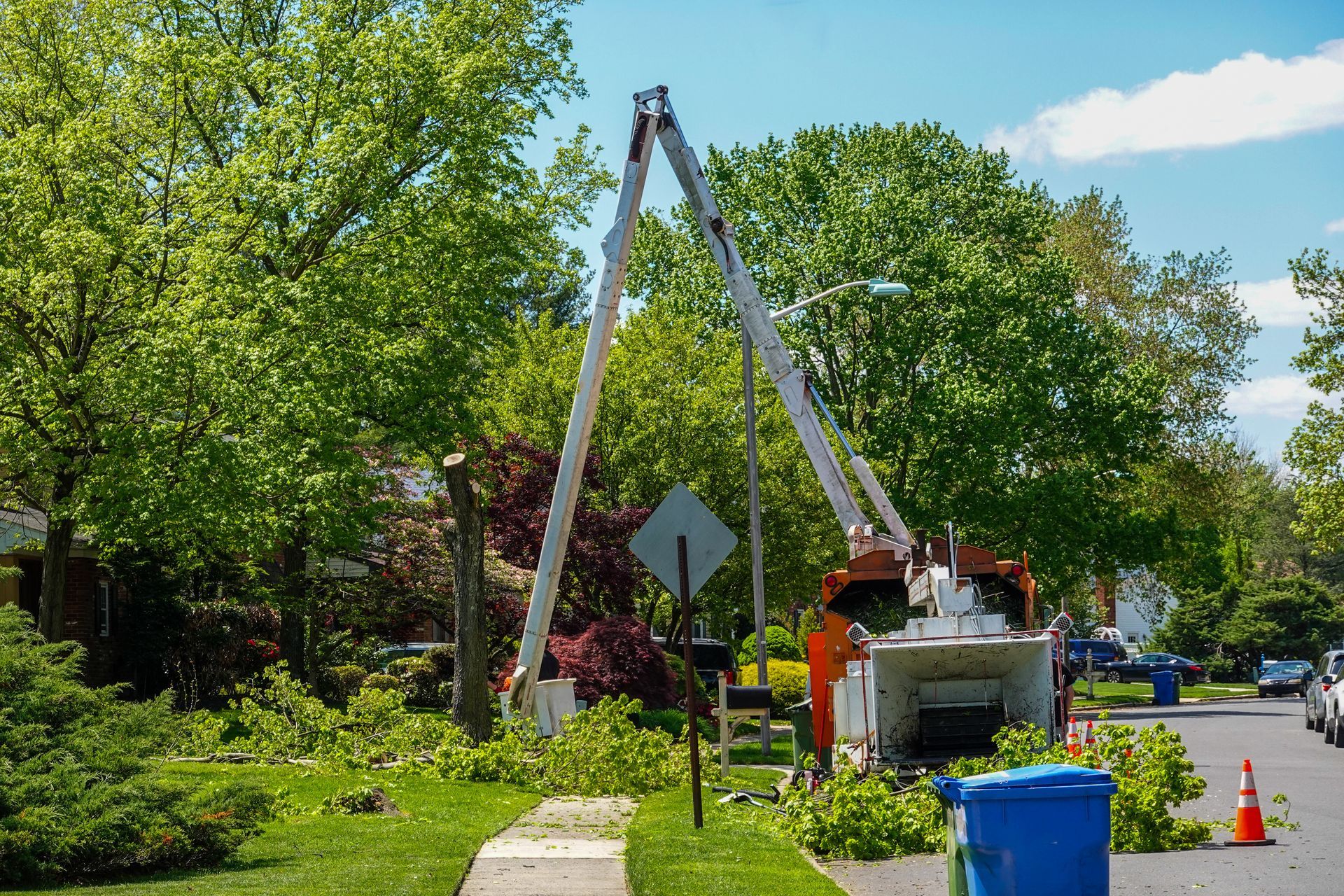Utility crew working on power lines by a tree-lined residential street, with a bucket truck and traffic cones.