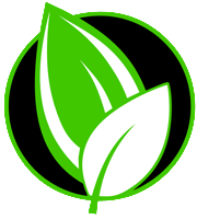 Green and white stylized leaves inside a black circle with a green outline.