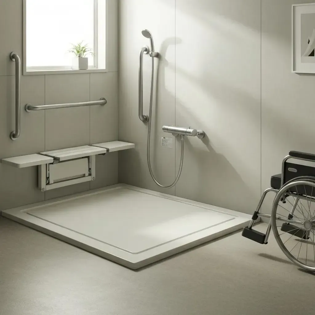 Accessible shower with fold-down seat, grab bars, and wheelchair access. Gray and white interior.