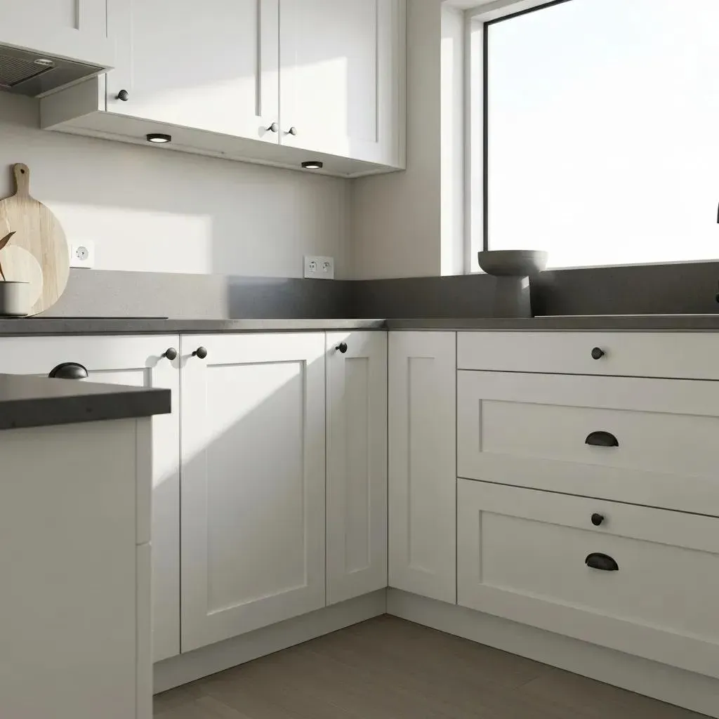 White kitchen cabinets with dark countertops, near a window.