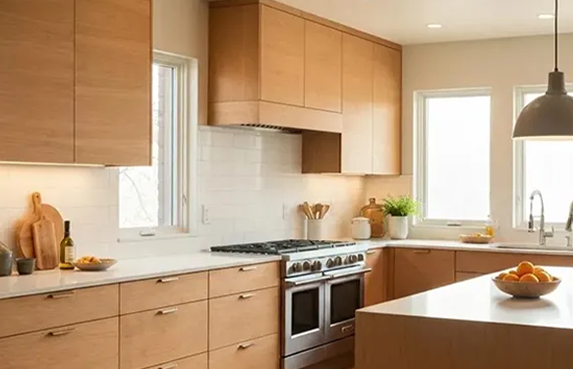 A kitchen with wooden cabinets and stainless steel appliances