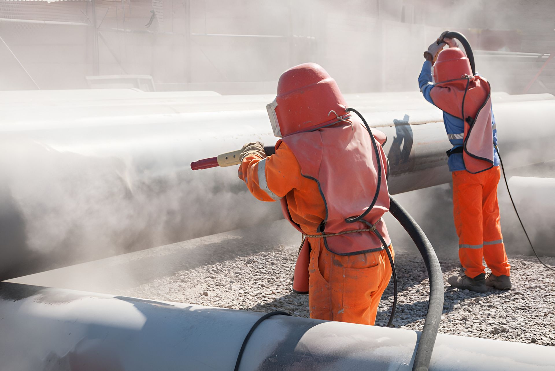 Two Men Are Sandblasting a Pipe With a Machine — Mudgee Powder Coat Pty Ltd in Dunedoo, NSW