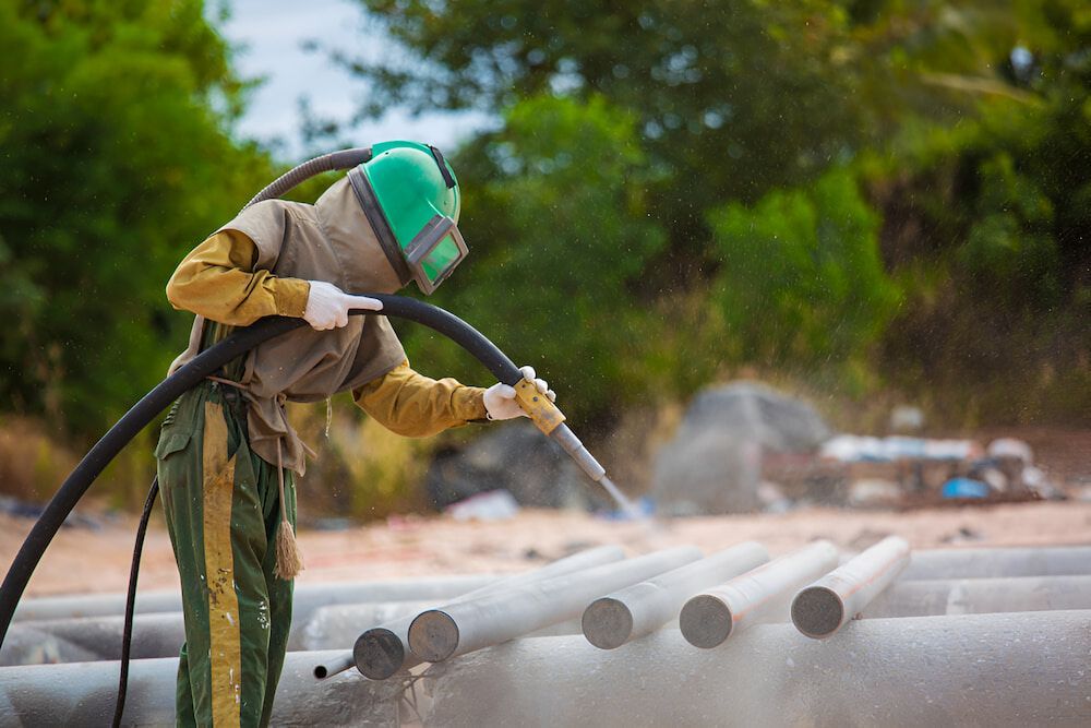 A Man Wearing a Helmet is Sandblasting a Pile of Pipes — Mudgee Powder Coat Pty Ltd in Mudgee, NSW