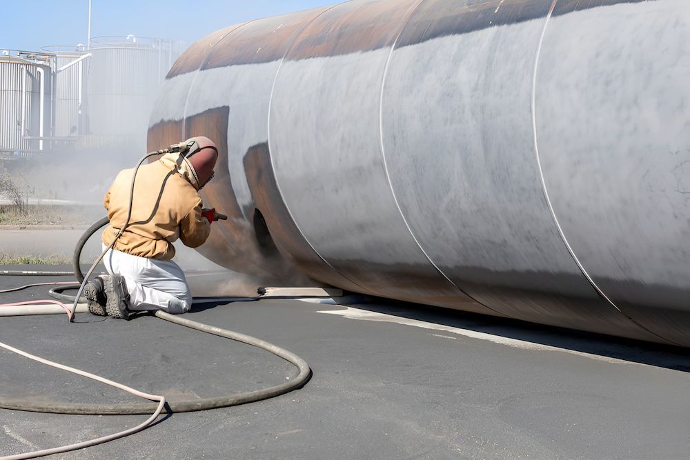 A Man is Sandblasting a Large Pipe on the Ground — Mudgee Powder Coat Pty Ltd in Mudgee, NSW