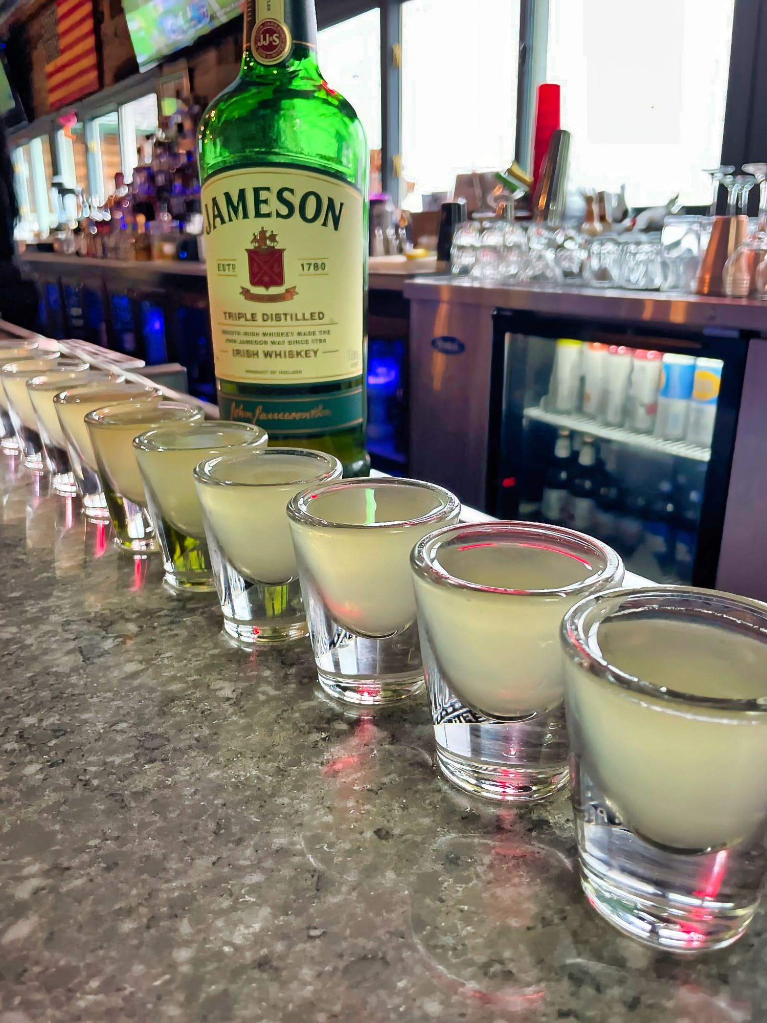 Shots lined up on the Copper Bottom bar.