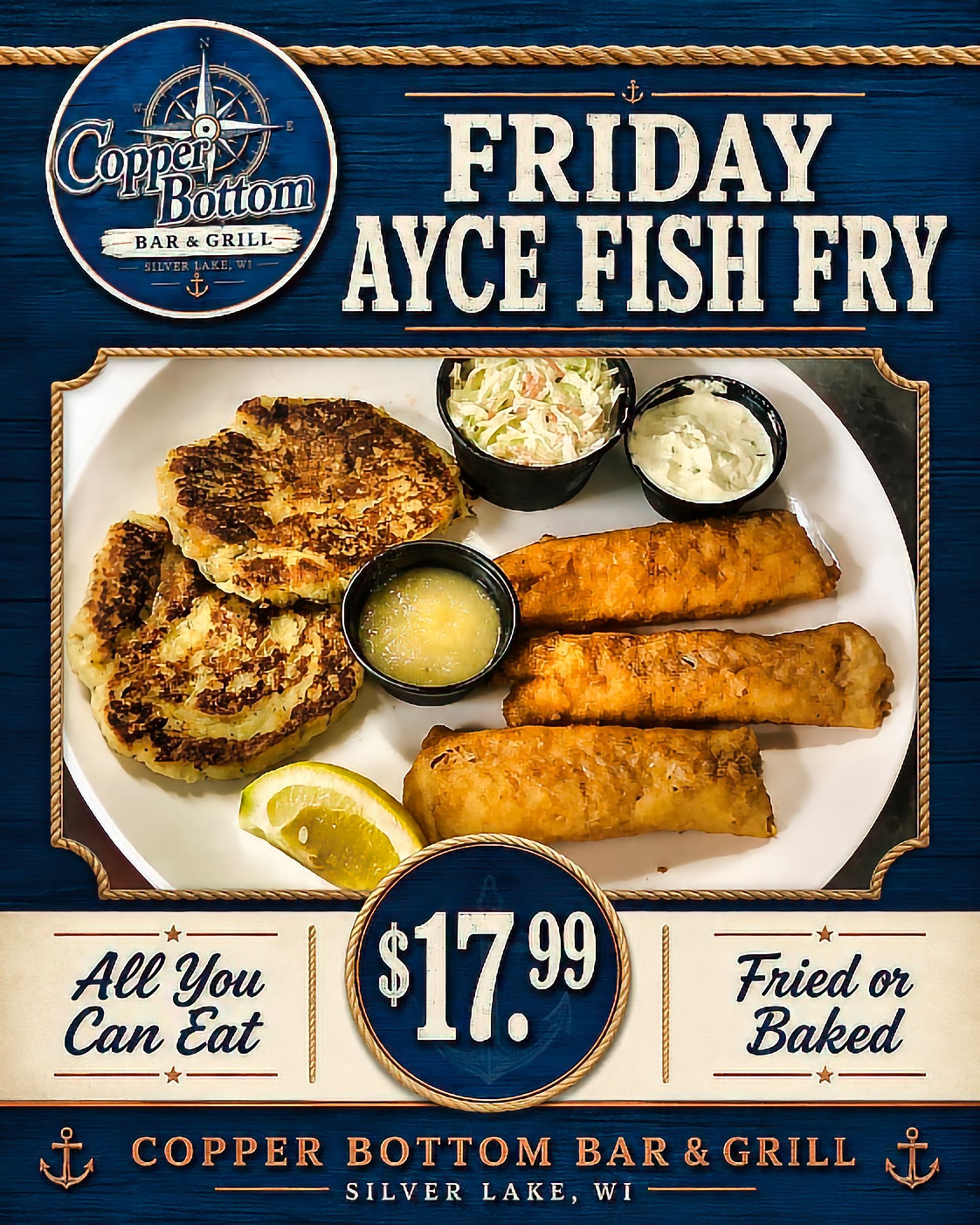 Friday All You Can Eat Fish Fry at Copper Bottom Bar and Grill