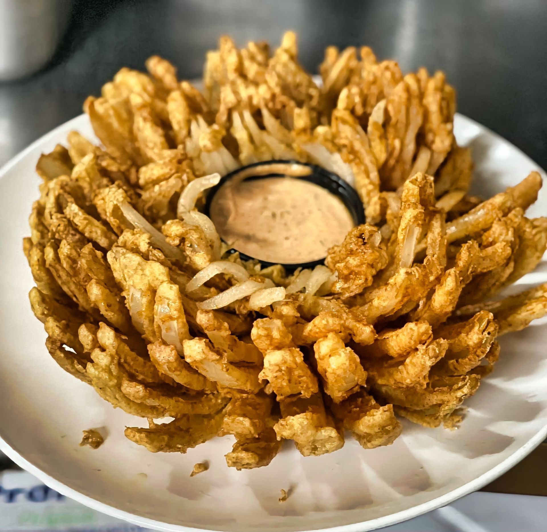 Crispy onion blossom with dipping sauce.