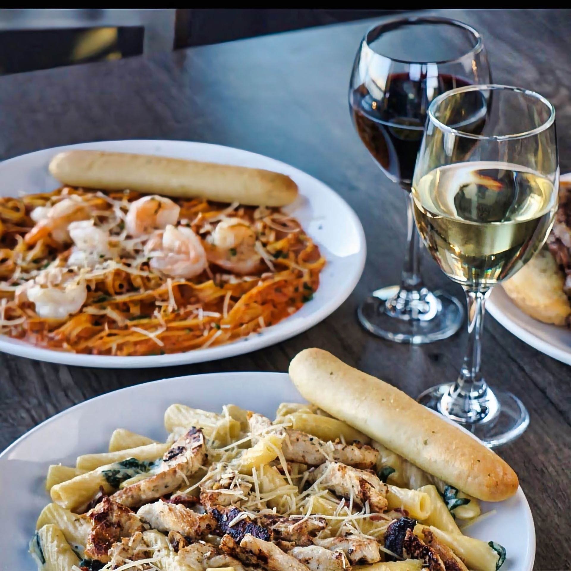 Pasta plates with wine at Copper Bottom