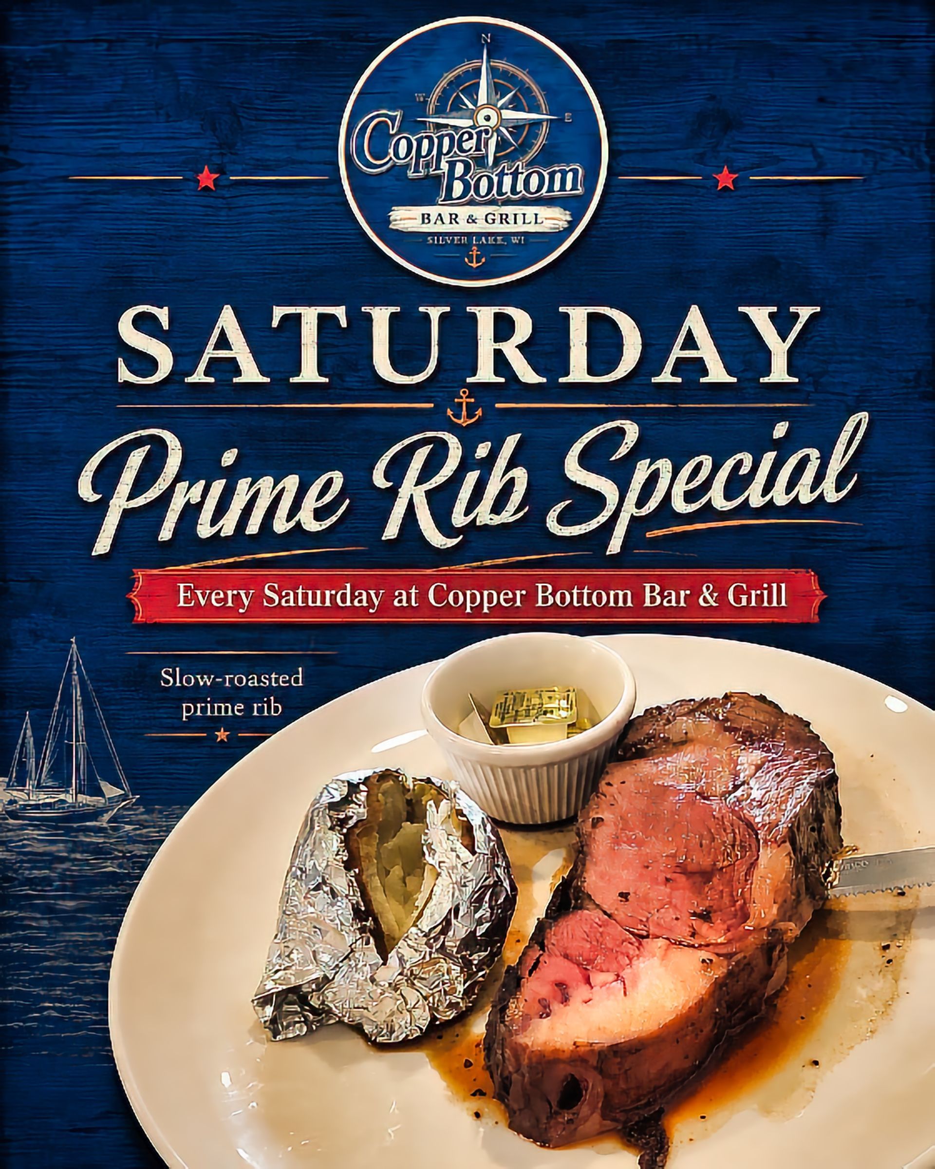 Saturday Prime Rib Special at Copper Bottom Bar and Grill