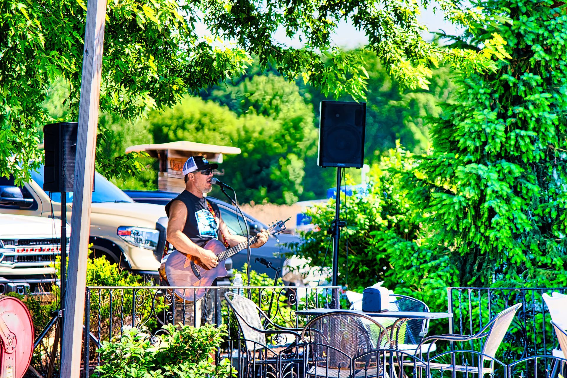 Live music singer performing at Copper Bottom Bar and Grill.