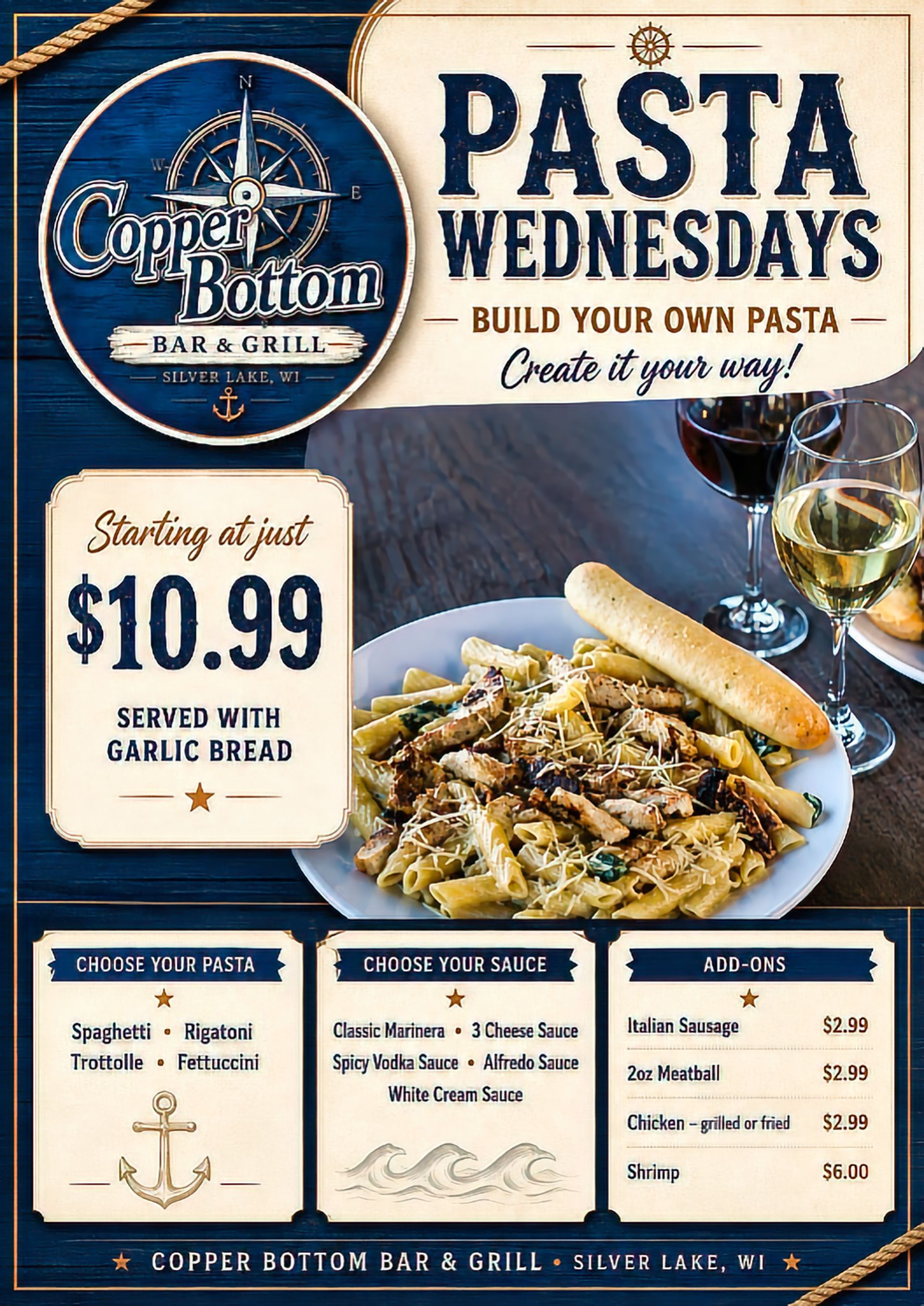 Sunday Pasta Special at Copper Bottom Bar and Grill