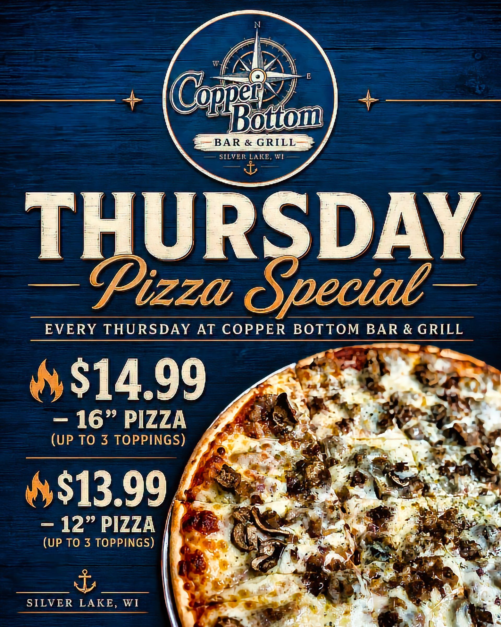 Thursday Pizza Special at Copper Bottom Bar and Grill