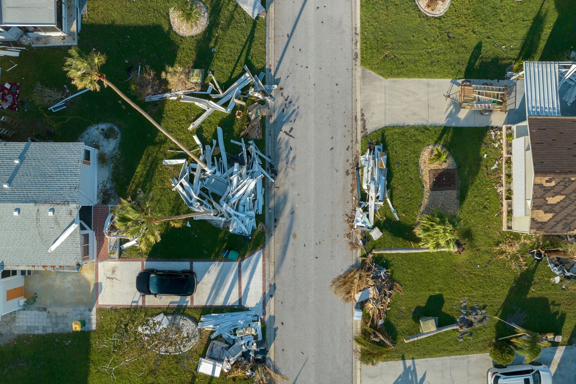 Overhead view of debris and damage on a street after a storm. Damaged homes and fallen tree are visible.