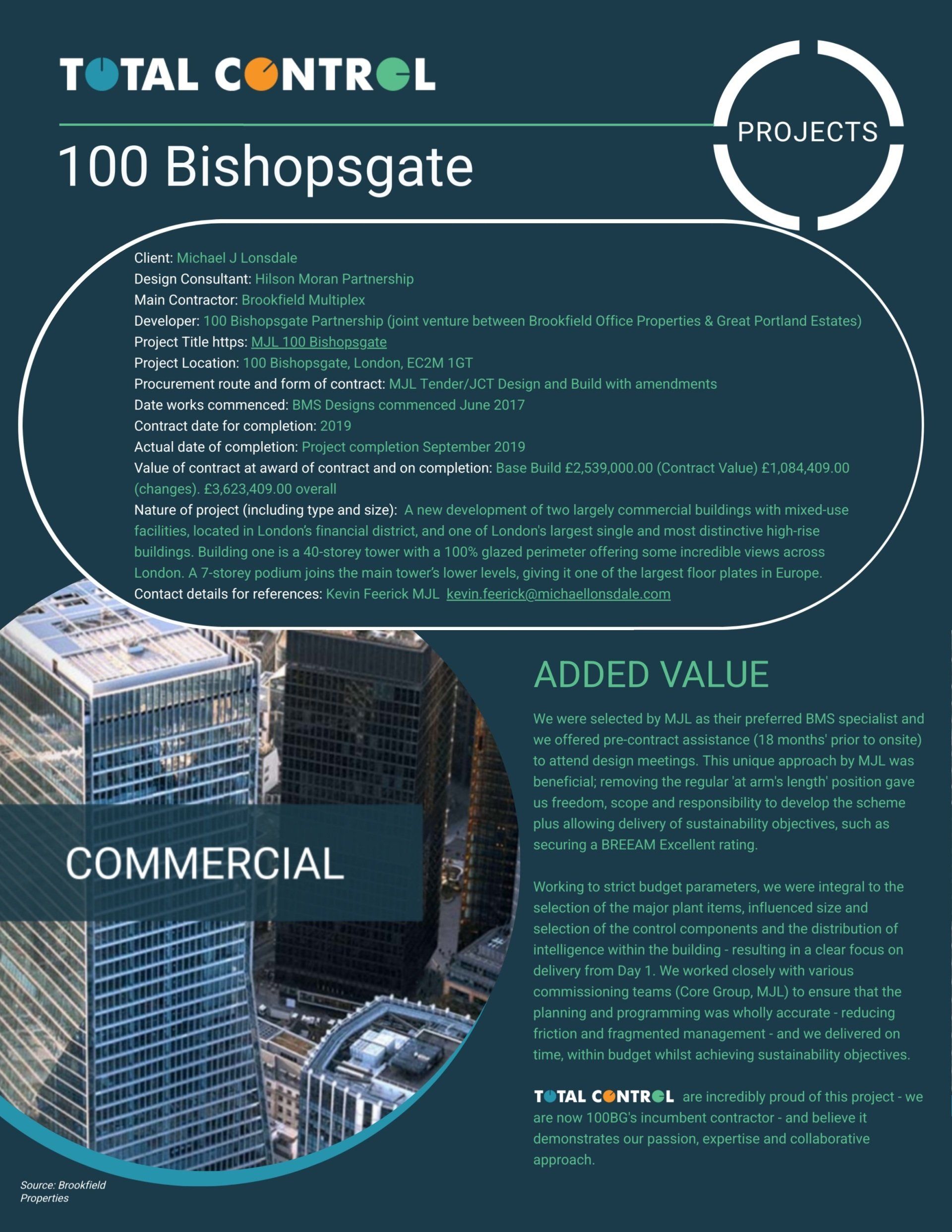 Commercial property advertisement for 100 Bishopsgate with text and photo of a building.