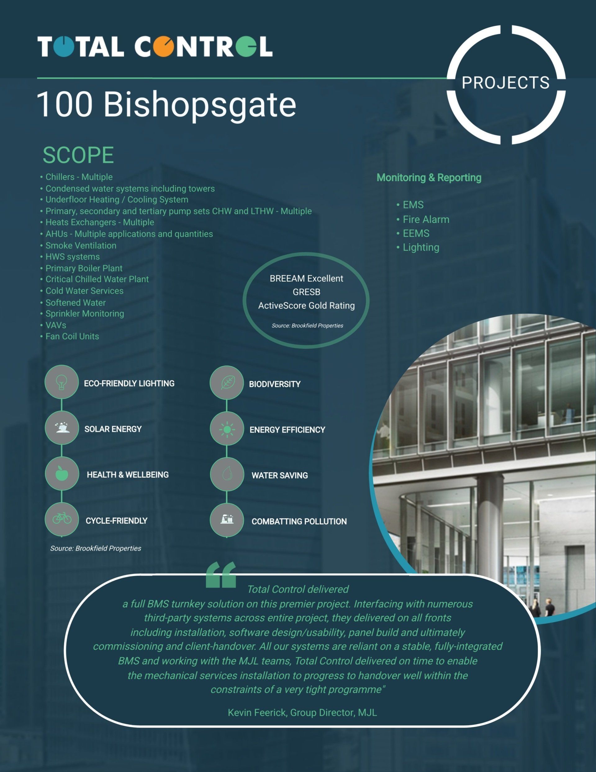 Project overview for 100 Bishopsgate. Contains scope details, contact info, and an image of the building entrance.