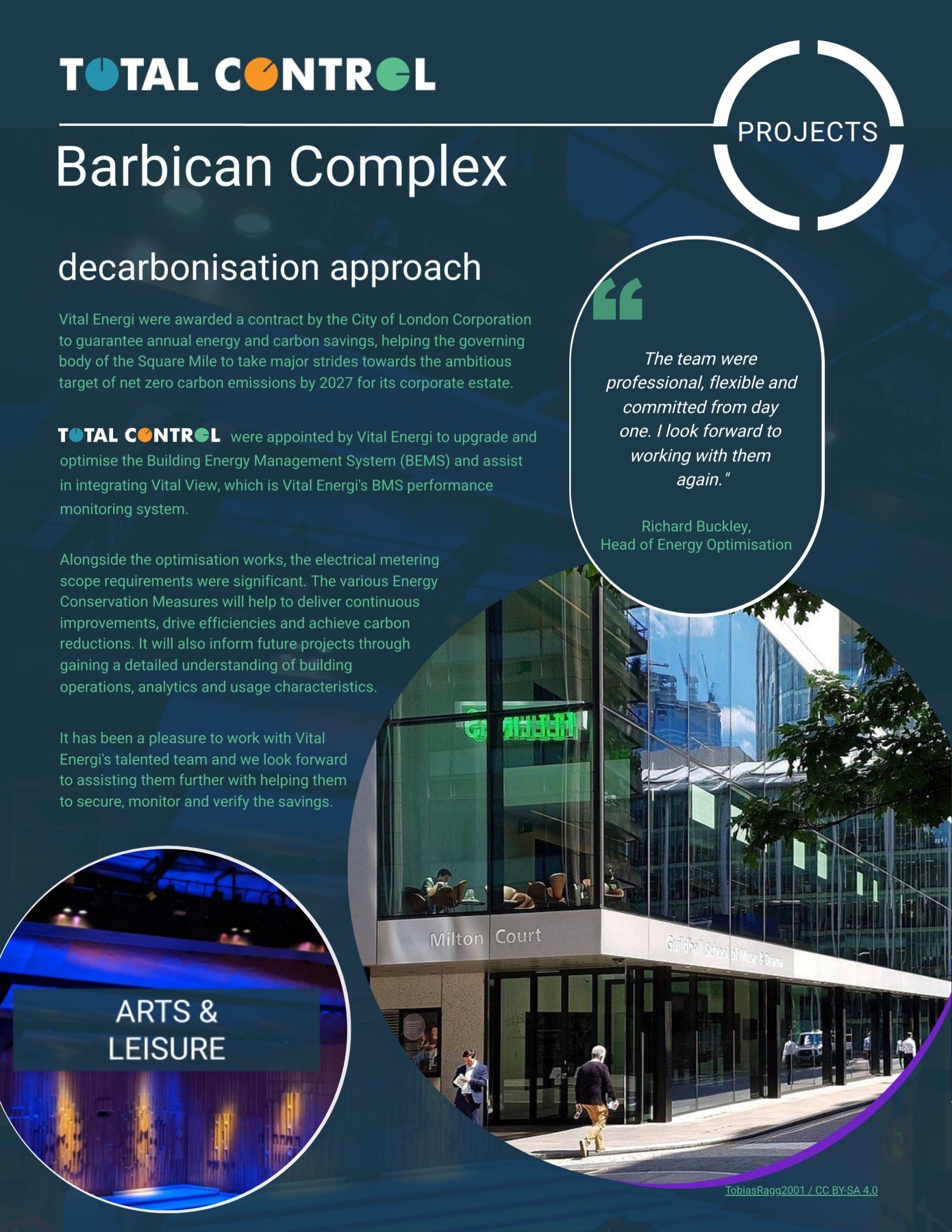 Total Control decarbonization approach for Barbican Complex. Modern building exterior, Arts & Leisure sign.