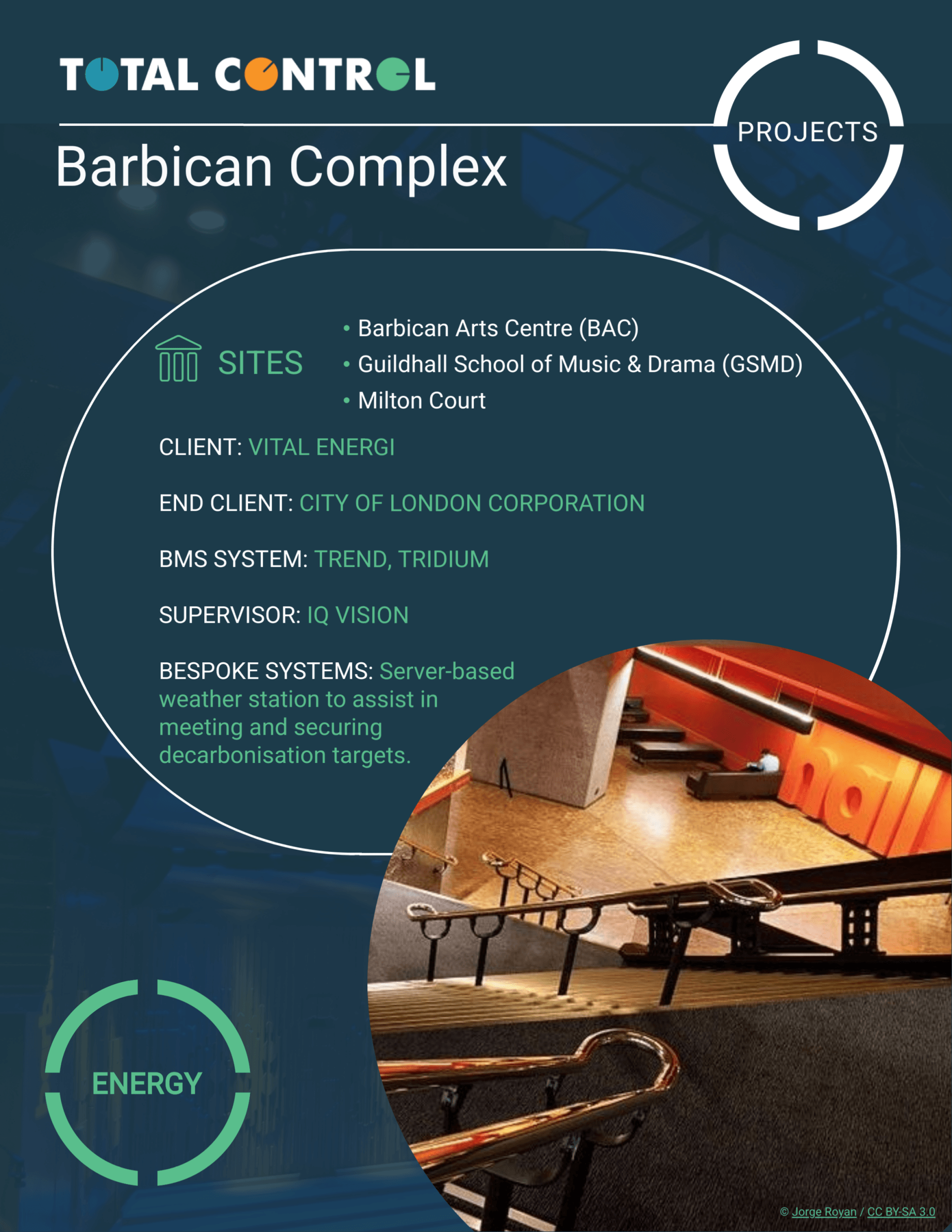 Brochure for Barbican Complex project. Total Control logo, project details, image of interior stairs. Energy icon.