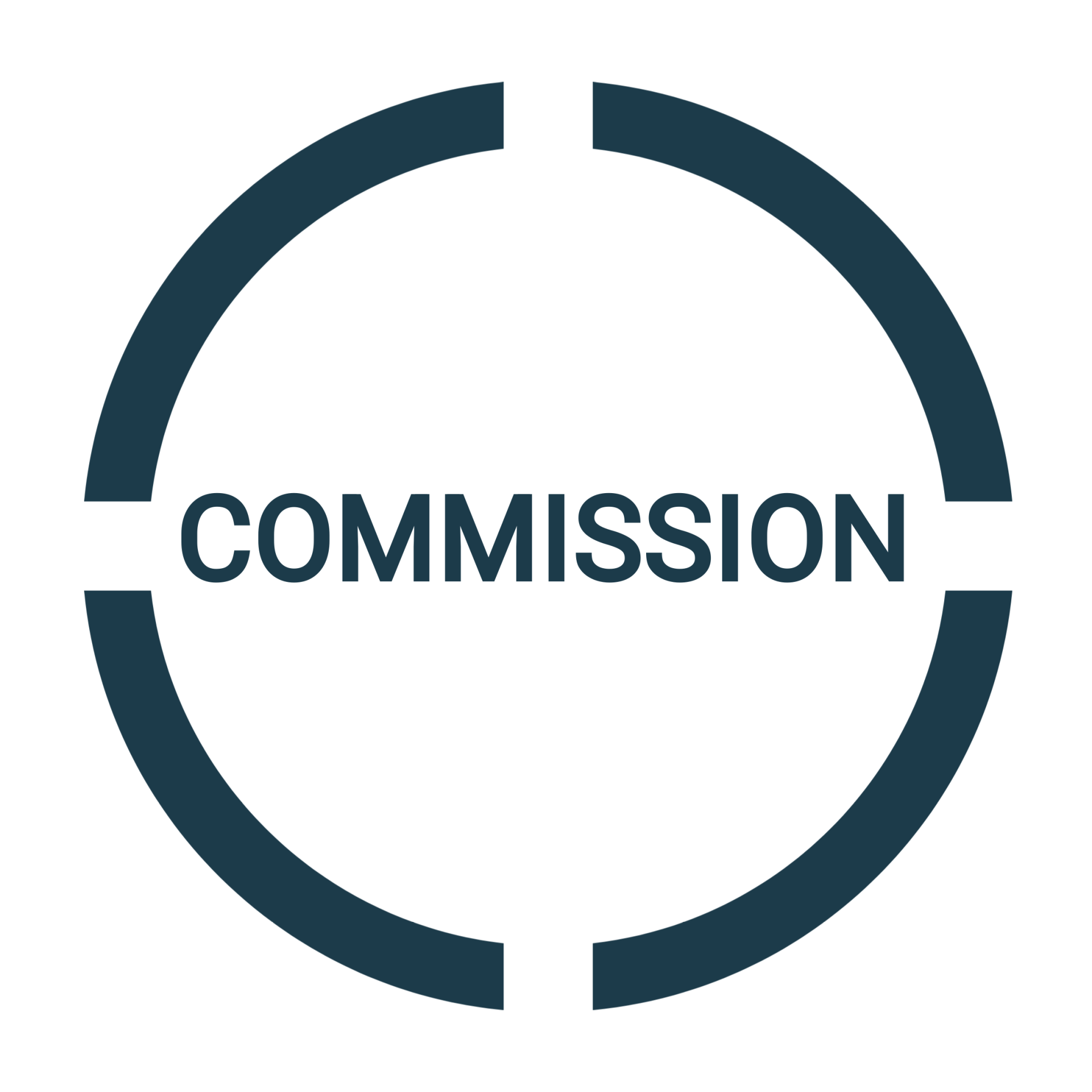 Dark blue circular design with gaps; the word 