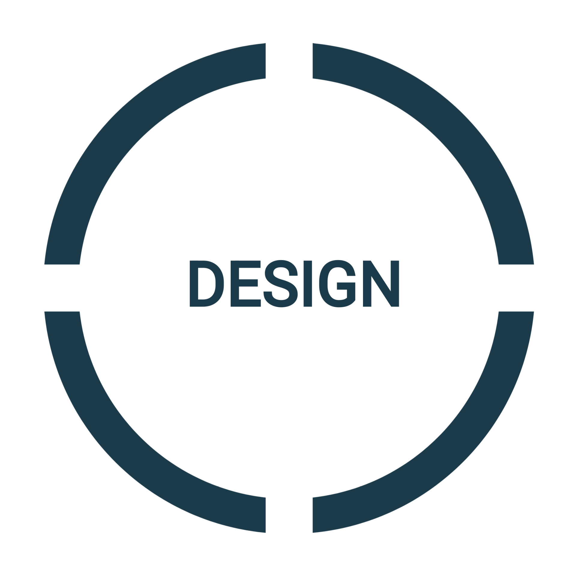 Dark blue circle with breaks, the word 