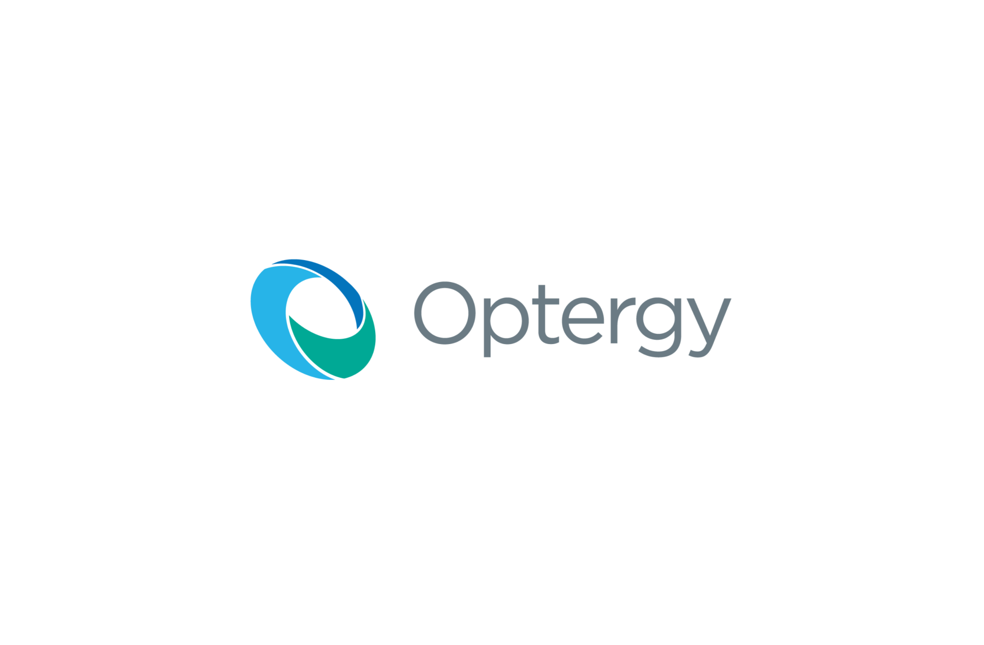 Optergy logo: A teal and blue spiral inside a gray oval, right of the word 