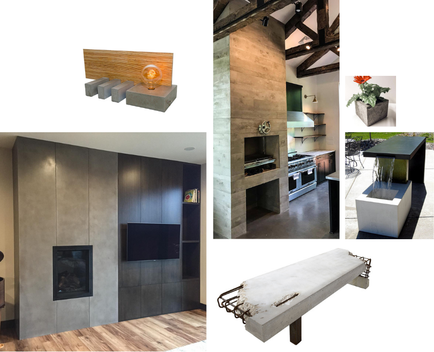 A collage of pictures of a living room a kitchen and a bench