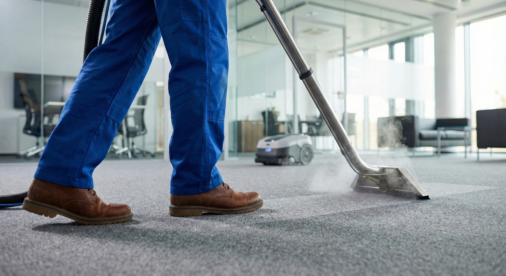 Person vacuuming gray office carpet in a modern workspace.