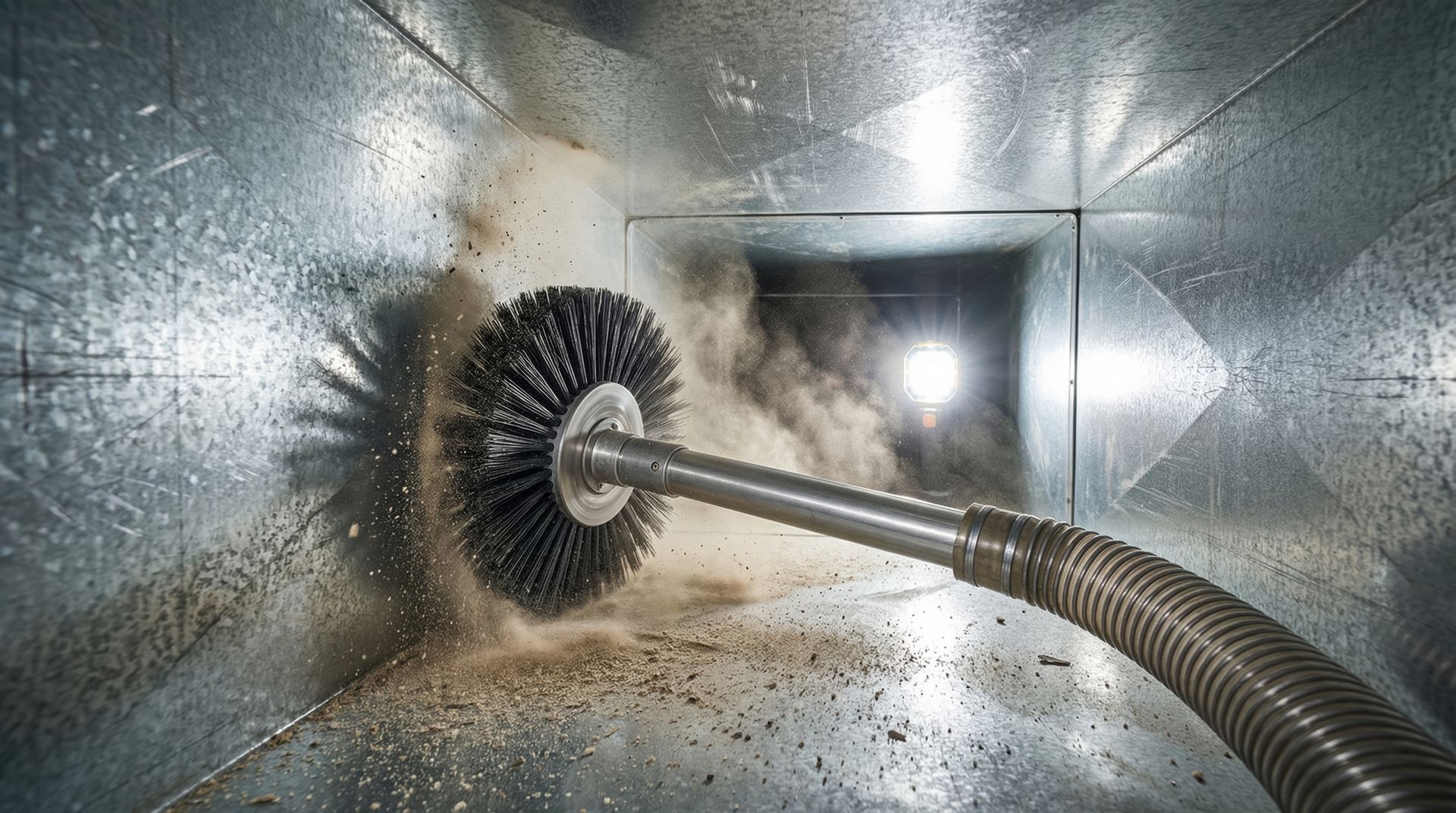Industrial duct being cleaned with a rotating brush and hose inside a metal ventilation shaft