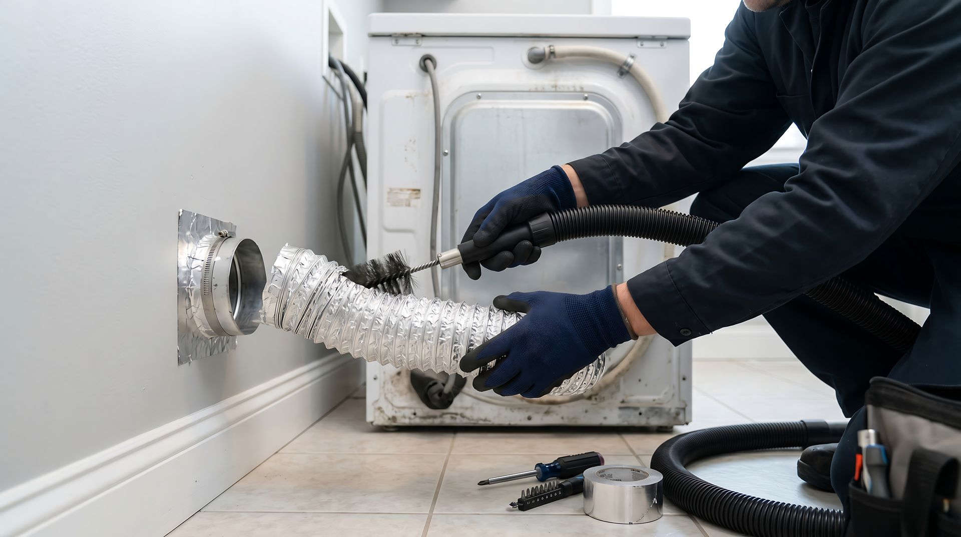 Technician installing a flexible vent hose into a wall opening beside a dryer