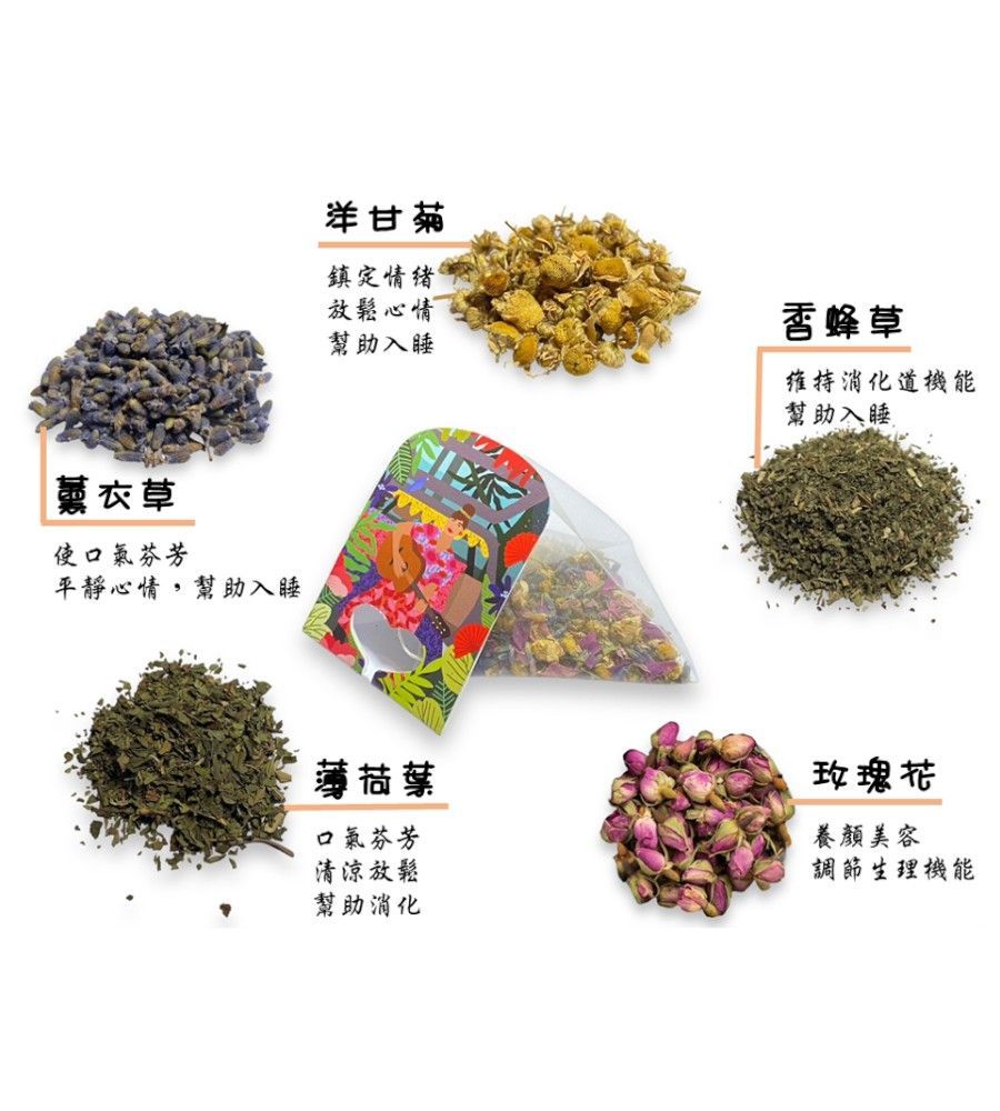中式花草茶與乾燥花、茶葉混合，堆放在貼有標籤的彩色包裝盒周圍。