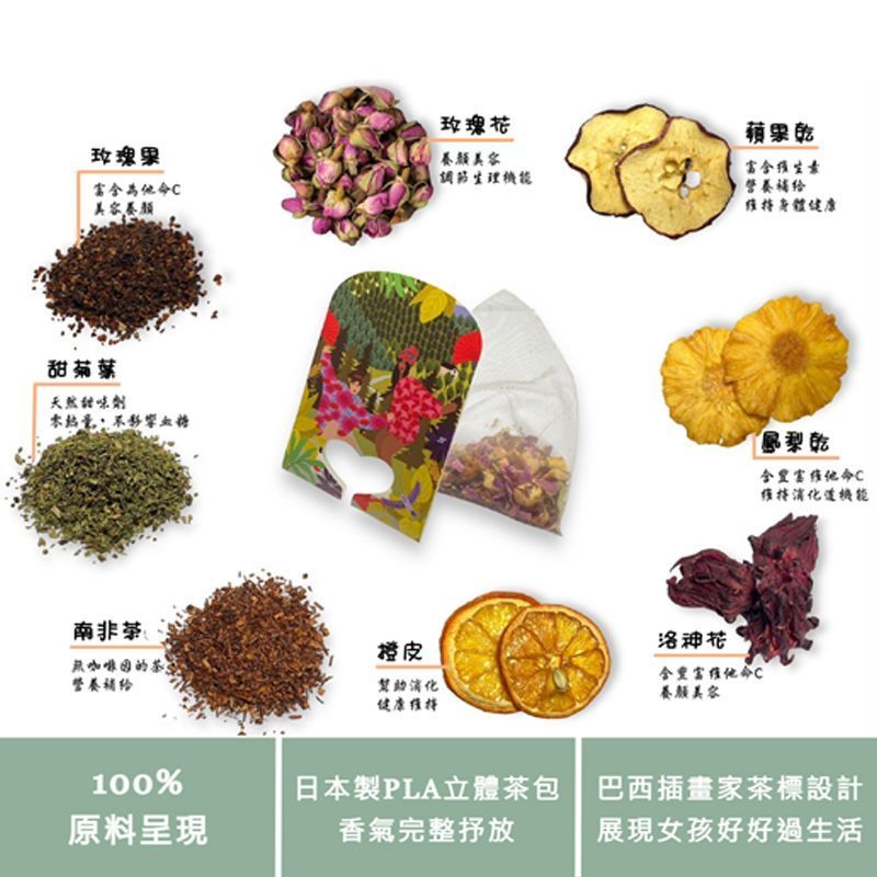 島嶼微風茶盒和配套茶杯，飾有色彩鮮豔的熱帶圖案，擺放在白色桌子上。