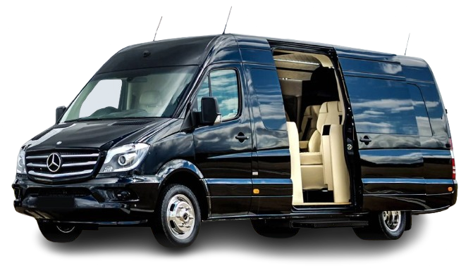Black Mercedes Sprinter van with open sliding door; cream interior, parked outside.