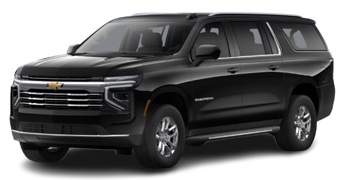 Black Chevrolet Suburban SUV, parked, side view.