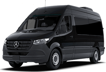 Black Mercedes-Benz Sprinter van, parked outside.