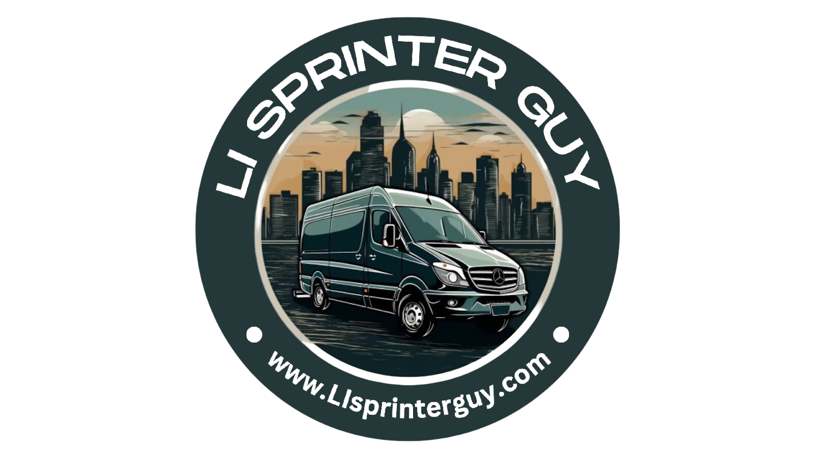 Logo for LI Sprinter Guy: a dark green van in front of a city skyline; text in a circular border.