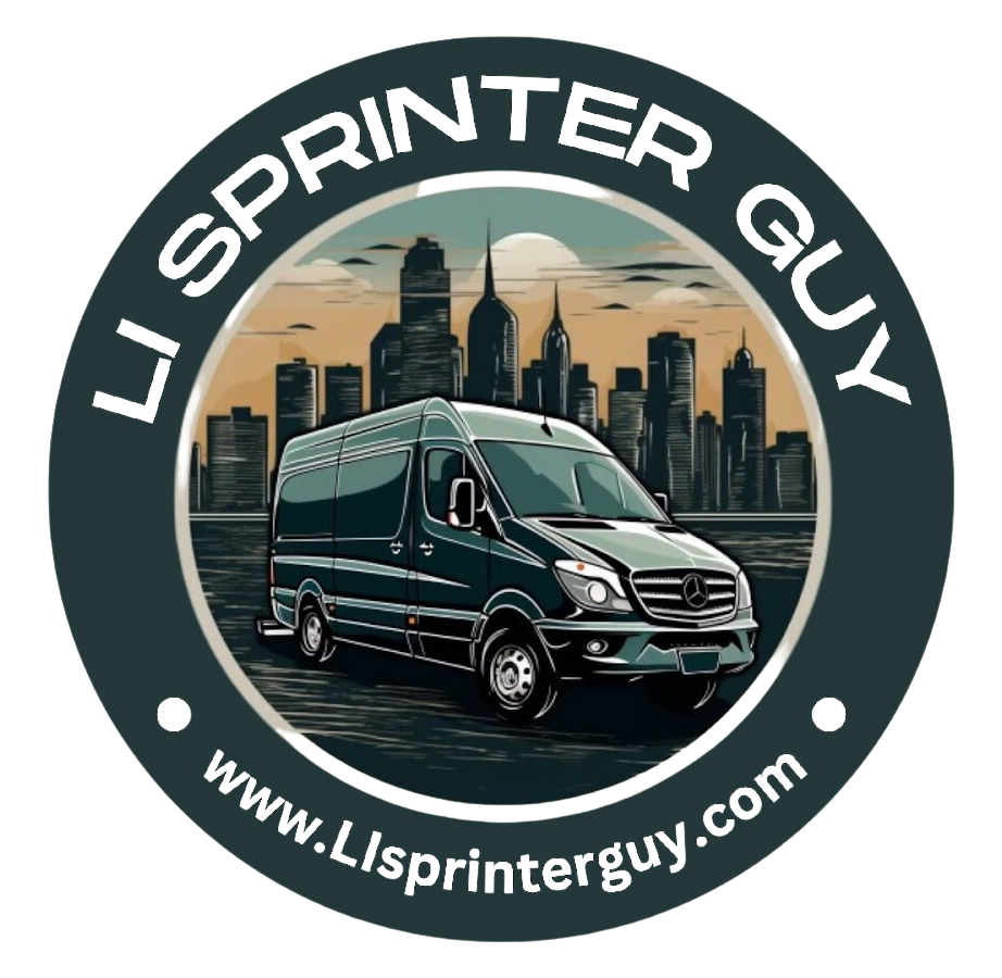 Logo for LI Sprinter Guy: a dark blue van in front of a city skyline; green and white text.