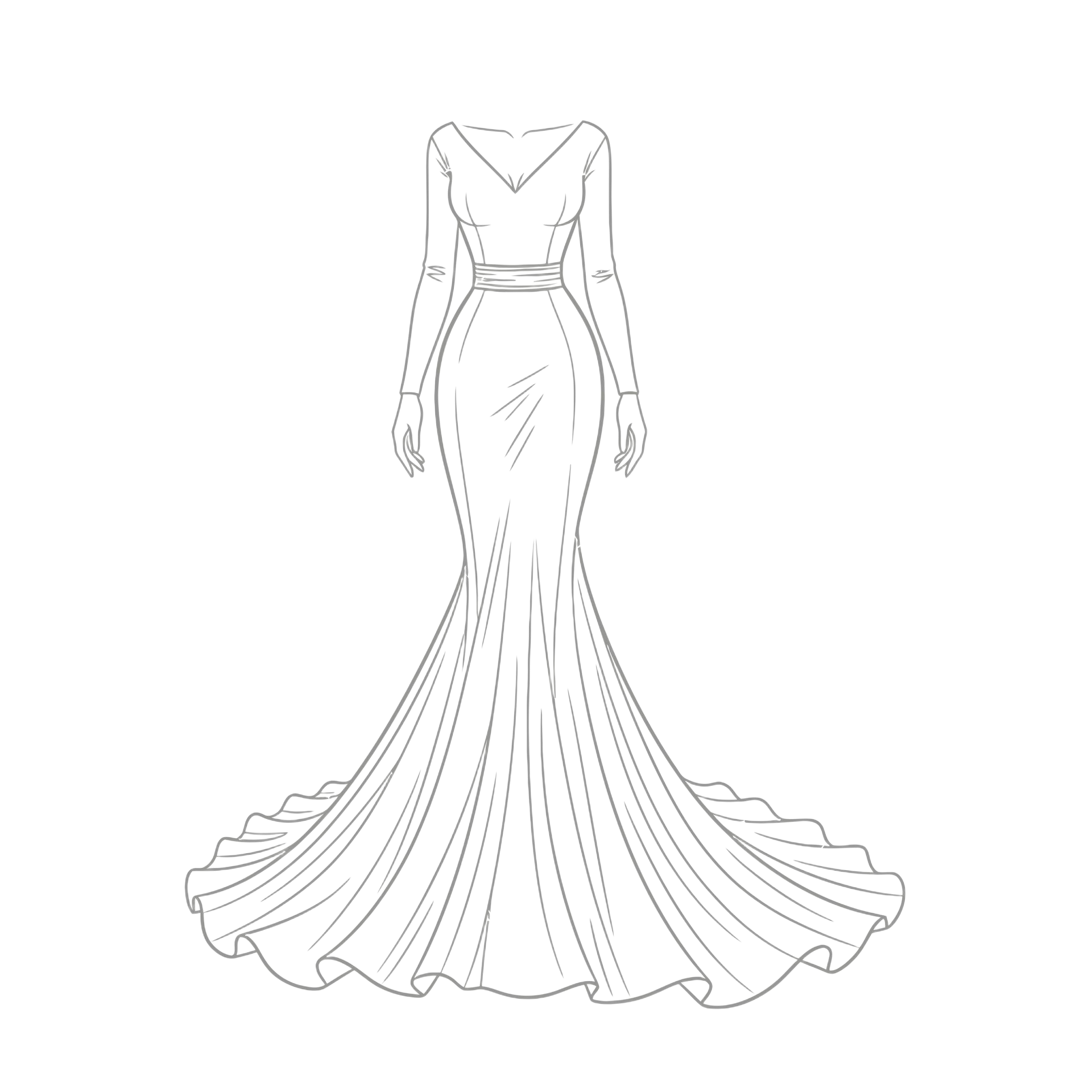 Elegant floor-length wedding gown with a fitted bodice and flowing train, shown in a fashion sketch