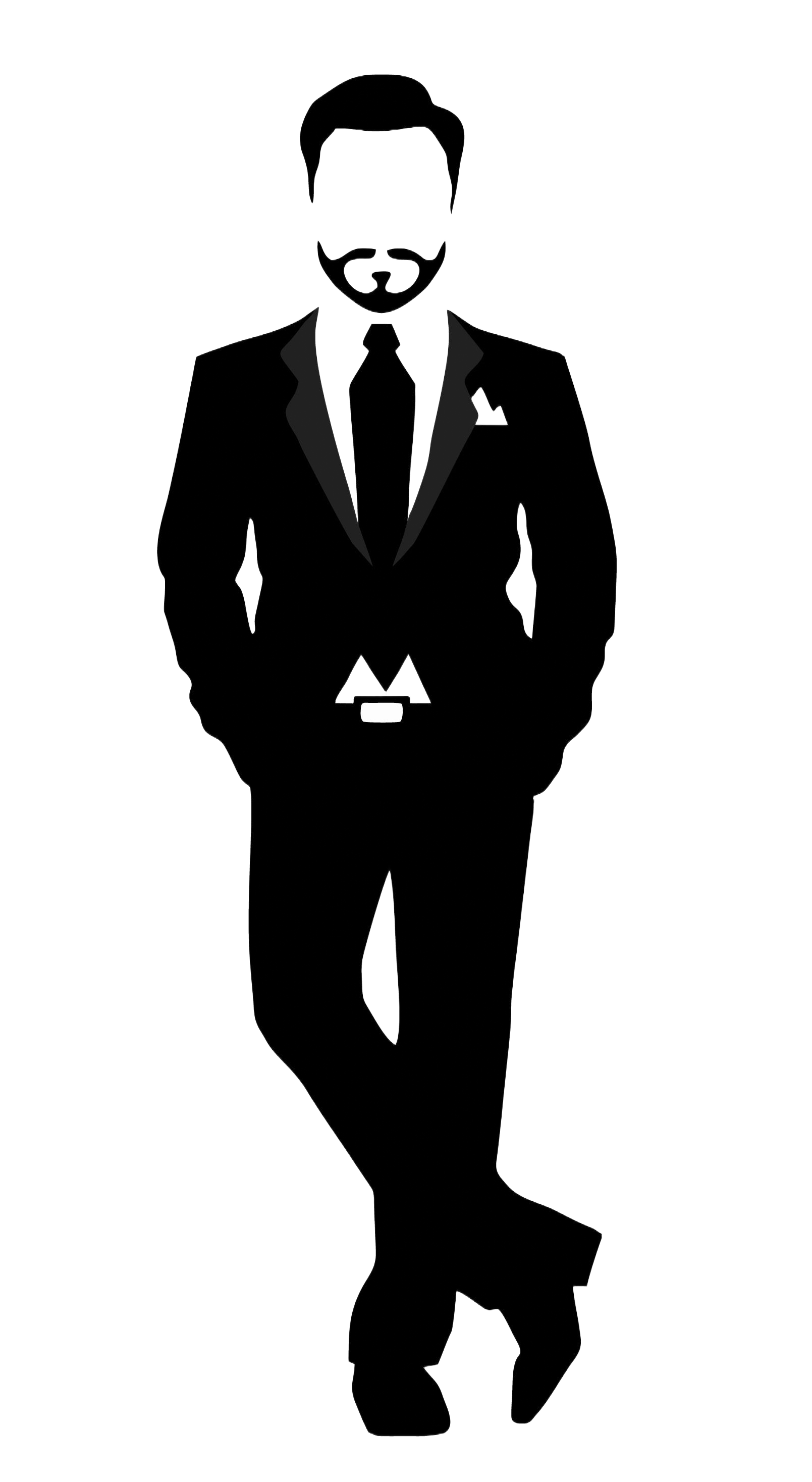 Black silhouette of a person in a suit standing with arms crossed and legs crossed on a white background