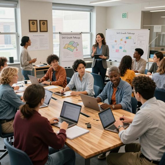 Team meeting around a table in a bright office, with laptops and presentation boards visible.