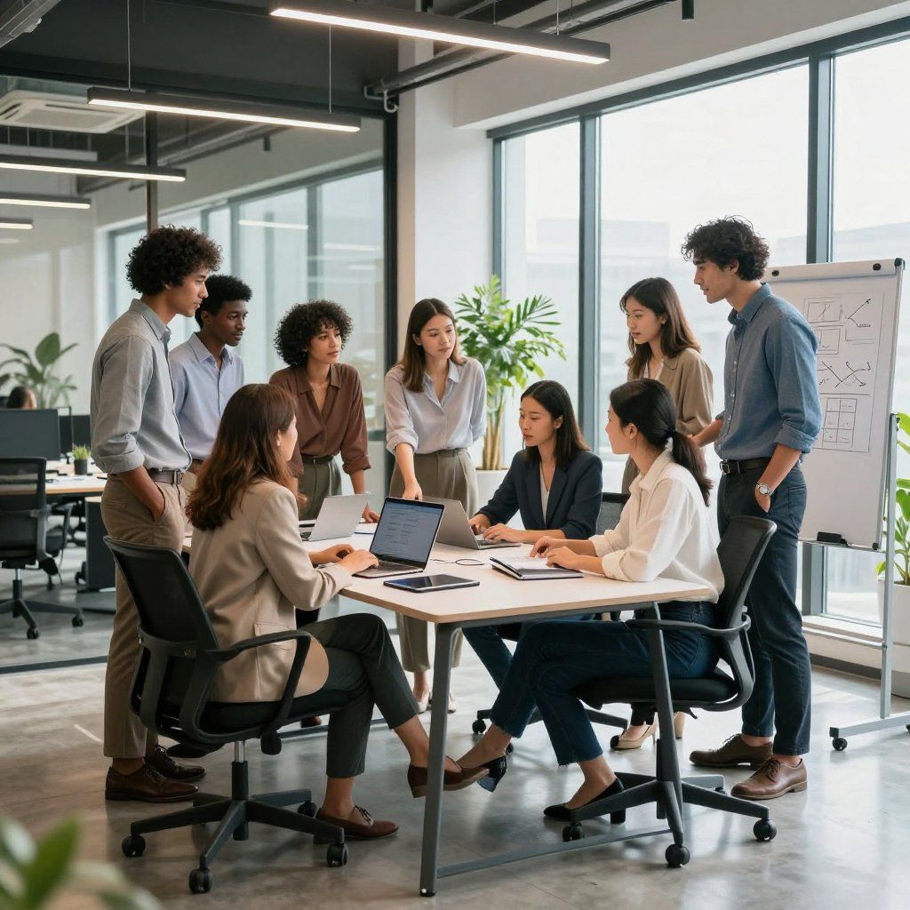 Team meeting around a round table in a bright modern office, with laptops, notebooks, and a whiteboard nearby.