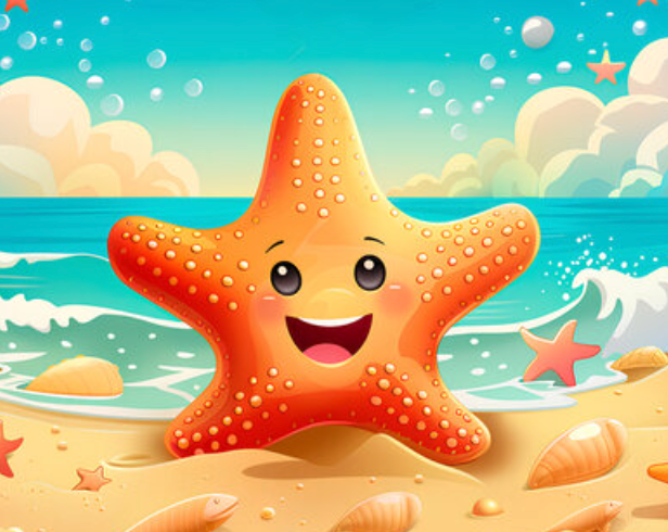 Smiling orange starfish on a sandy beach with waves, seashells, and a bright turquoise sky