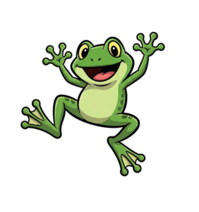Cartoon green frog leaping with arms and legs spread, smiling on a white background