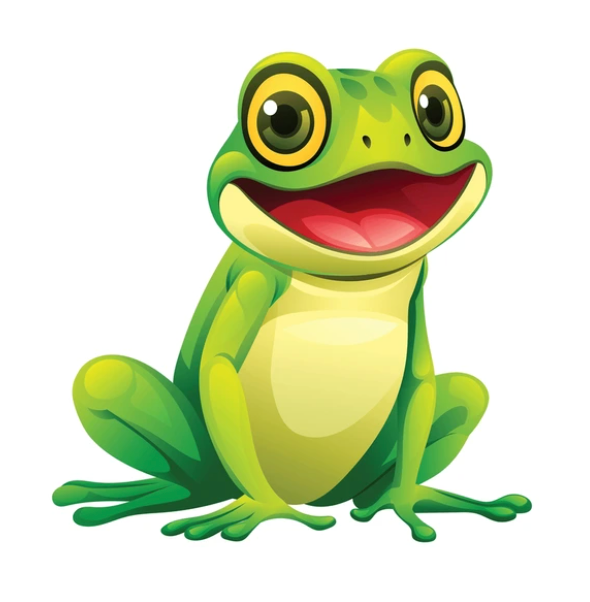 Bright green cartoon frog smiling with wide eyes, sitting on a white background