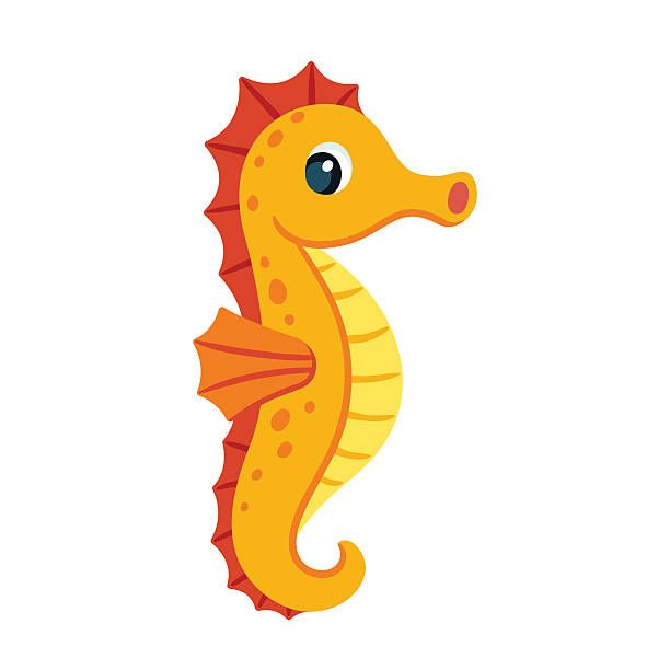 Cartoon orange seahorse with red fins on a white background