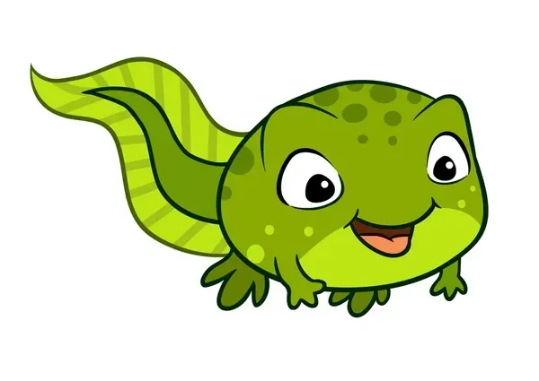 Cute green cartoon frog with a long curled tail, smiling and facing right
