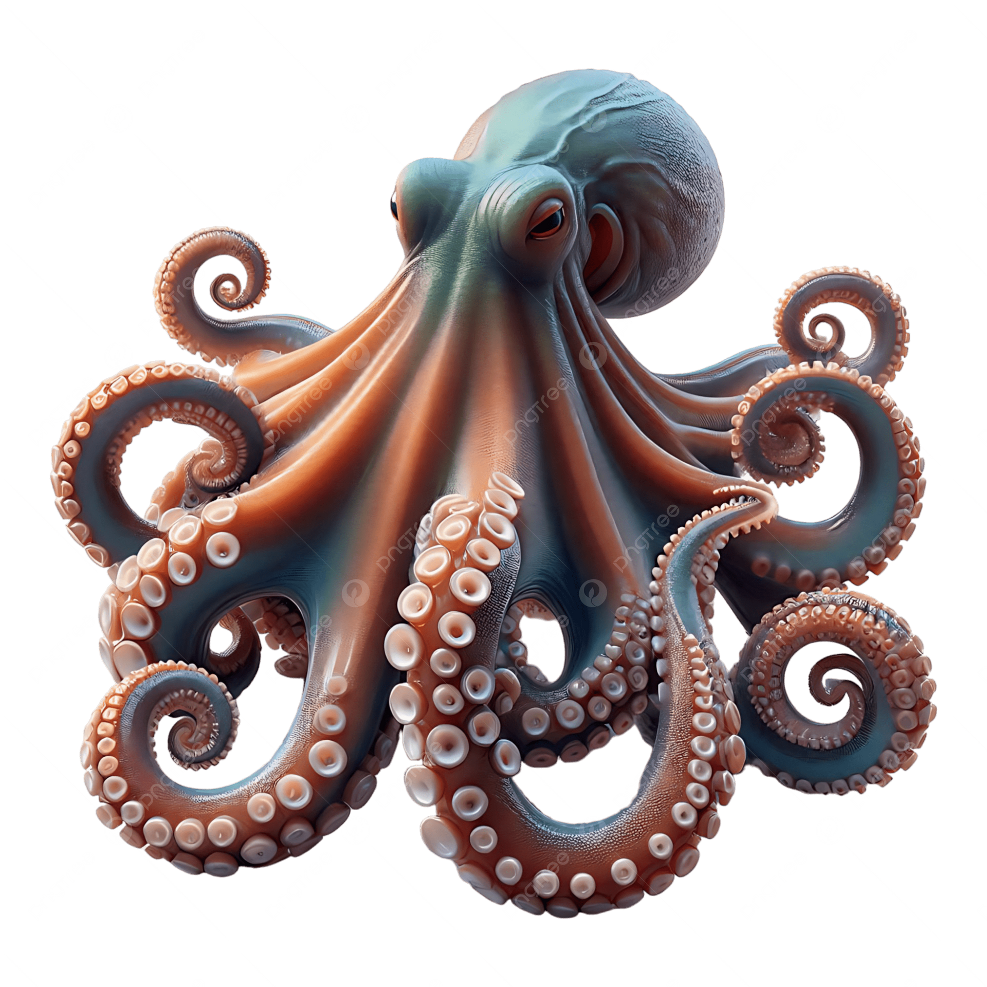 Stylized octopus with curled tentacles, orange and blue tones, on a white background
